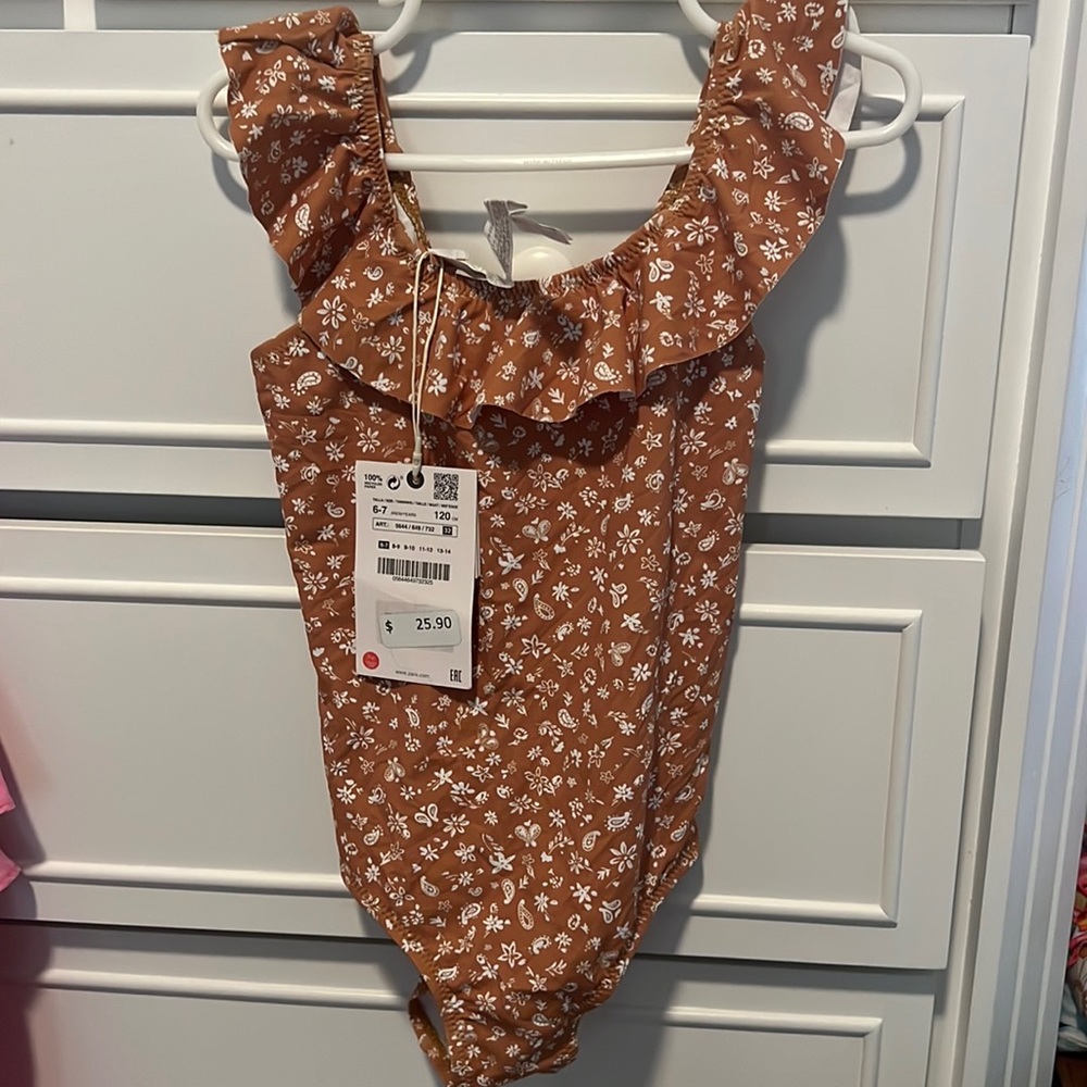 Zara girls bathing suit brown and white